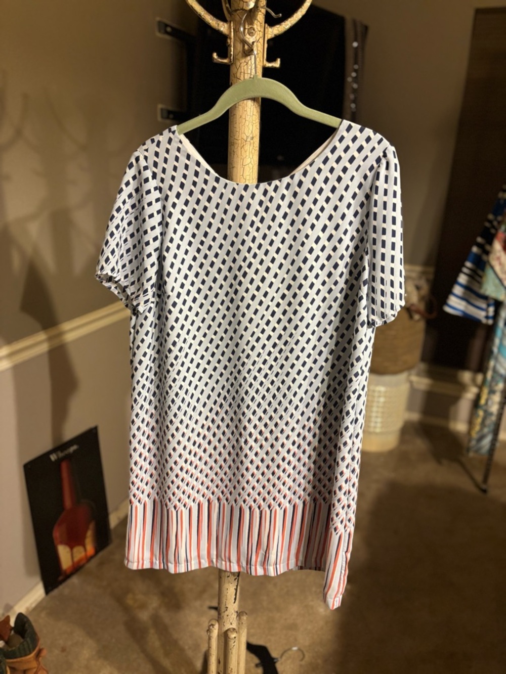 Lulu's Navy & White Diamond Print Short Sleeve Top with Coral Stripe Hem